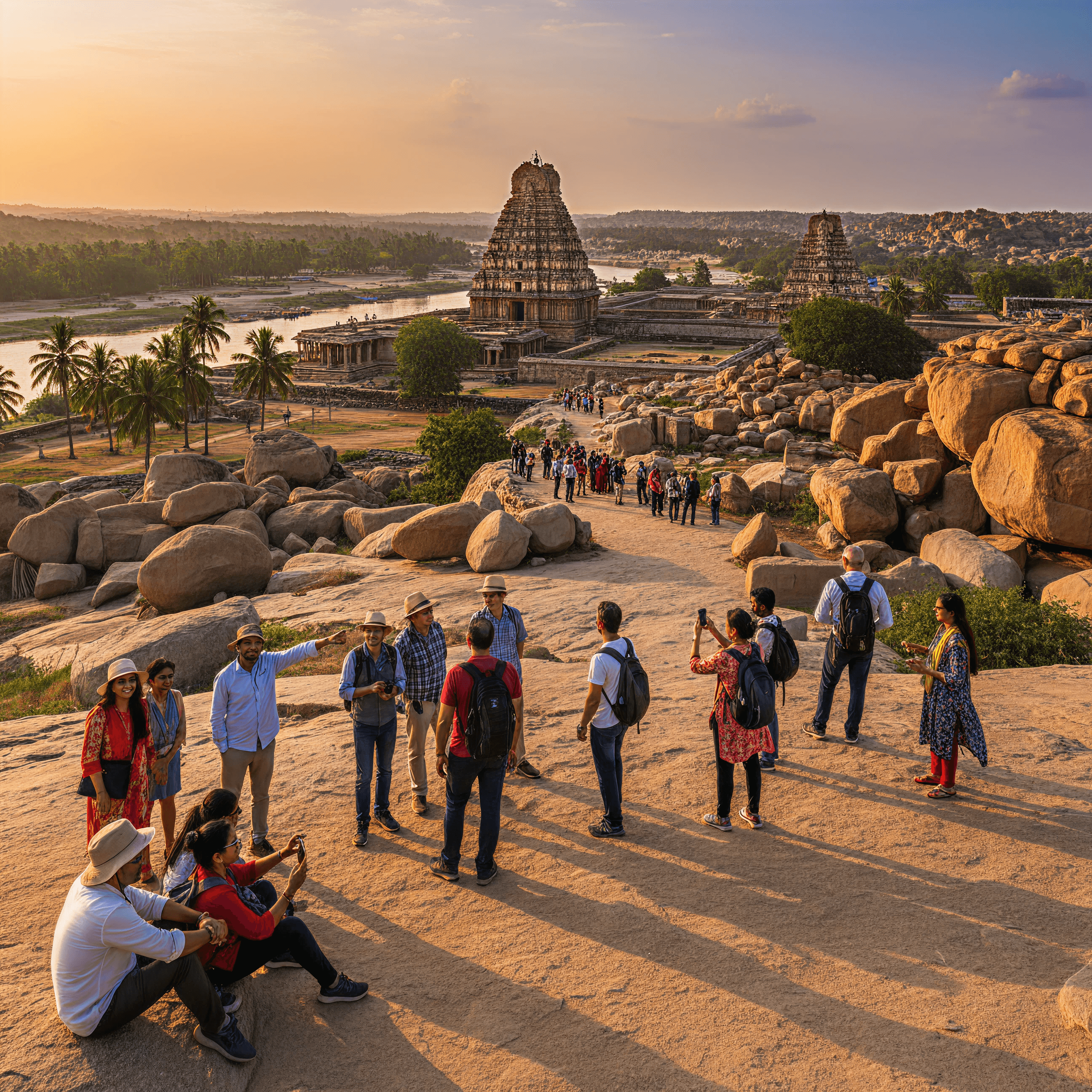A panoramic view of the Virupaksha Temple in Hampi, Karnataka, during sunset.